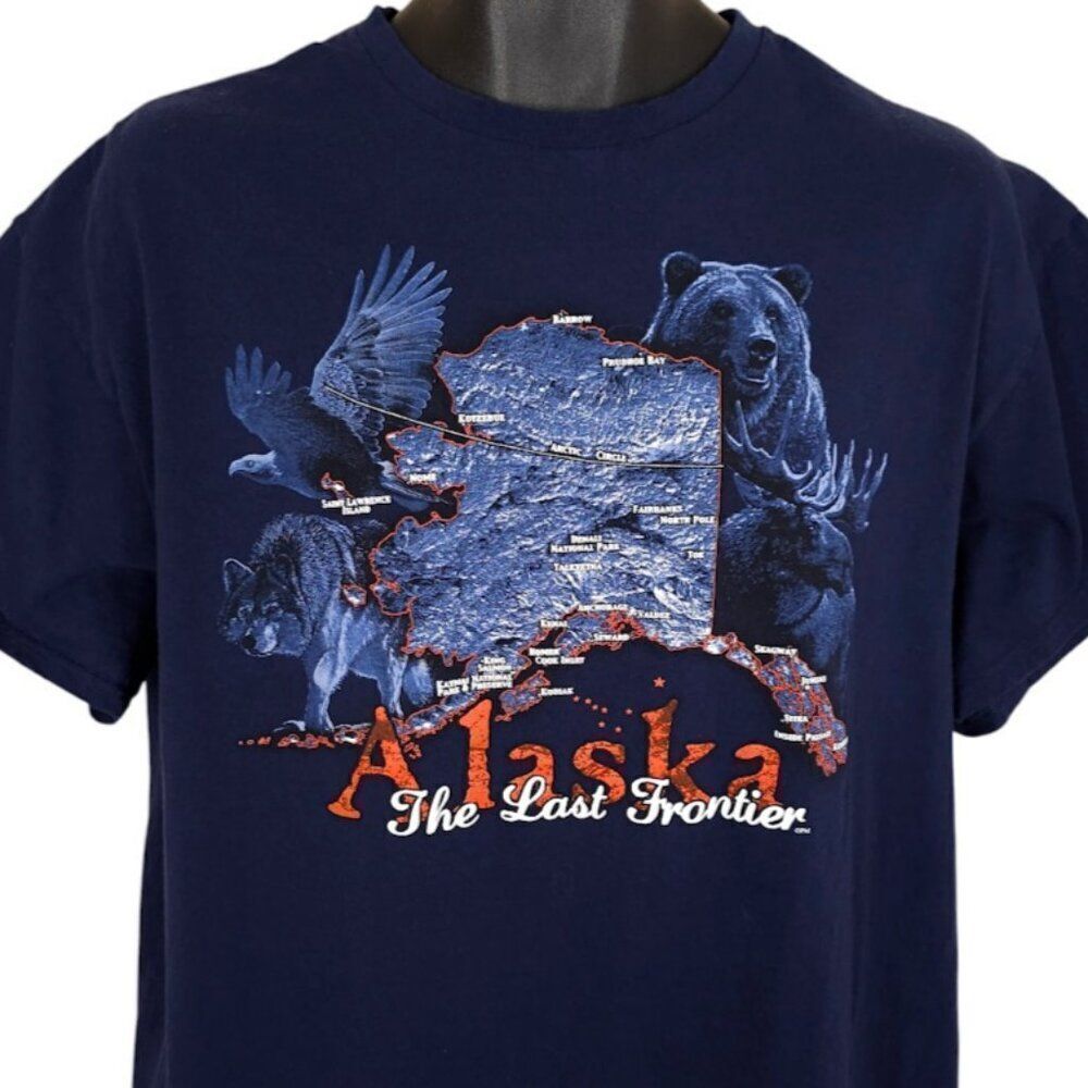 Alaska T Shirt Mens Size Large Blue Grizzly Bear Wolf Moose Bald Eagle Travel